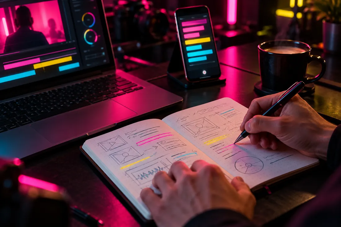 Manos escribiendo un guion de video junto a una laptop con luz magenta