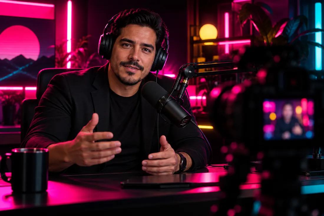 Persona hablando a cámara en un estudio de podcast con luz magenta